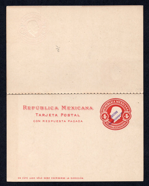 MEXICO - 1914 - CIVIL WAR & POSTAL STATIONERY: 4c + 4c red postal stationery replycard with MONTERREY 'GOBIERNO CONSTITUTIONALISTA' overprint in purple (UPSS #PC122-16, H&G IE28). A fine unused example.  (MEX/39130)