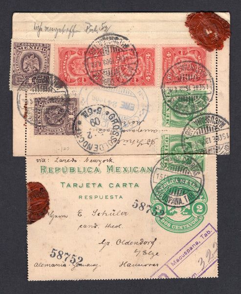 MEXICO - 1909 - POSTAL STATIONERY, REGISTRATION & CANCELLATION: 2c green postal stationery lettercard (UPSS #LC28R, H&G A23, the reply section with outer perforations) used with added 1903 2 x 1c purple, 2 x 2c green and strip of three 4c carmine red (SG 276/278, stamps are all on the reverse and overlap on to the front of the card) tied by multiple strikes of MACUSPANA, TAB cds's dated 15 JAN 1909 with boxed 'Macuspana, Tab' registration marking in purple on front. Addressed to GERMANY with transit & arri