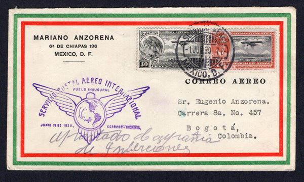 MEXICO - 1930 - FIRST FLIGHT: Airmail cover franked with 1929 50c black & red 'Carranza' AIR issue and 1929 30c black 'Eagle' AIR issue (SG 467 & 472) tied by MEXICO CITY cds dated 1 JUN 1930. Flown on the Mexico City - Buenaventura, Colombia first flight with fine first flight cachet in purple on front. Addressed to BOGOTA, with boxed BUENAVENTURA arrival mark on reverse. (Muller #59)  (MEX/39549)