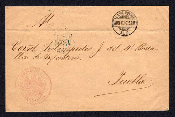 MEXICO - 1897 - MILITARY & OFFICIAL MAIL: Stampless cover with 'BATALLON No. 15. COMANDANCIA' Eagle cachet in red on front with SAN LUIS POTOSI cds dated ABR 16 1897. Addressed to PUEBLA with MEXICO CITY transit cds and PUEBLA arrival cds in blue on reverse.  (MEX/39552)