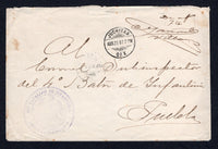 MEXICO - 1897 - MILITARY & OFFICIAL MAIL: Stampless cover with '25o BATALLON DE INFANTERIA COMANDANCIA' Eagle cachet in purple on front with fine JUCHITAN OAX cds dated ABR 26 1897 alongside. Signed by the commanding officer at top right and addressed to PUEBLA with OAXACA transit cds and PUEBLA arrival cds in blue on reverse.  (MEX/39553)