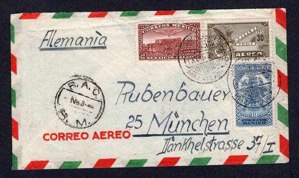 MEXICO - 1935 - AIRMAIL: Cover franked with 1934 10c red brown, 30c brown olive and 40c blue grey (SG 574, 577 & 577a) tied by SERVICIO AEREO MAZATLAN, SIN cds's dated 13 DEC 1935. Addressed to GERMANY with good strike of circular 'R.A.C. No.3 R.M.' (Ruta Aerea Contratada - route no. 3 - Mazatlan - Matamoros) airmail route marking on front and MEXICO CITY transit cds on reverse.  (MEX/39899)