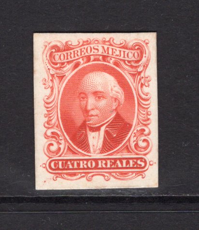 MEXICO - 1864 - PROOF: 4r vermilion 'American Banknote Co.' HIDALGO issue, a fine IMPERF PROOF on thick white card in unissued colour. (As SG 17)  (MEX/39973)