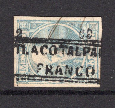 MEXICO - 1868 - HIDALGO ISSUE: 25c blue on pale pink 'Hidalgo' issue, thick figures of value, imperf with '2 69' number only of VERACRUZ used with fine strike of boxed TLACOTALPAN FRANCO cancel in black. (SG 69, Follansbee #70)  (MEX/40017)