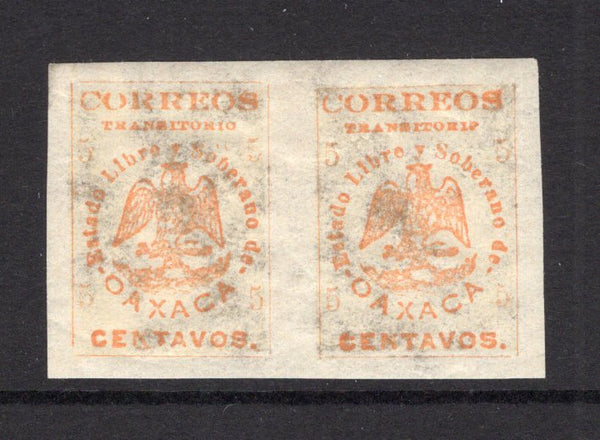 MEXICO - 1914 - CIVIL WAR - OAXACA ISSUE & VARIETY: 5c orange 'Oaxaca' PROVISIONAL issue, Type B. A fine IMPERF PAIR with stamps printed on the back of an official form, mint with full gum. (SG X5b)  (MEX/40018)