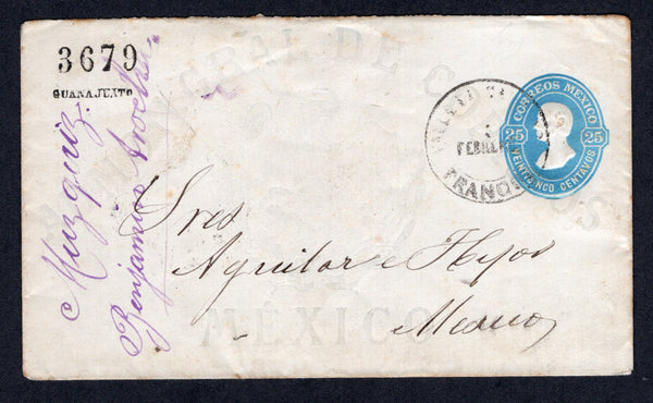 MEXICO - 1879 - POSTAL STATIONERY: 25c blue 'Hidalgo' postal stationery envelope with '3679' district number and 'GUANAJUATO' district overprint in black (UPSS #E9, H&G B9b) used with light strike of VALLE DE SANTIAGO FRANCO cds cancel dated FEBRUARY (1880). Addressed to MEXICO CITY with arrival mark dated FEB 1880 on reverse. Backflap missing.  (MEX/40033)