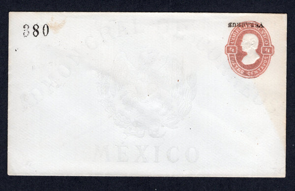 MEXICO - 1879 - POSTAL STATIONERY: 4c salmon 'Hidalgo' postal stationery envelope (UPSS #E7, H&G B7b) with '380' control number and variety 'VERACRUZ' DISTRICT OVERPRINT INVERTED. Fine unused.  (MEX/40432)