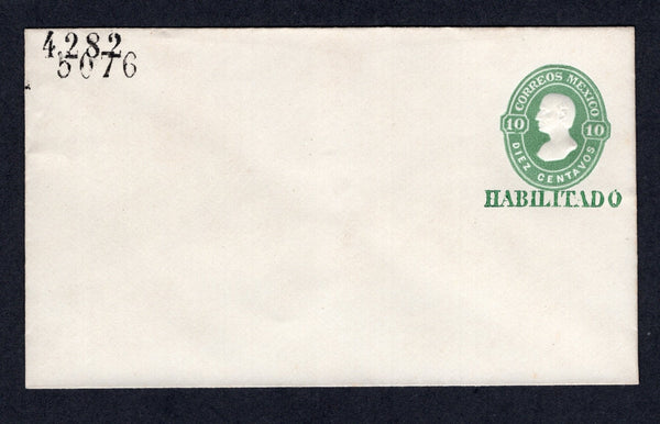 MEXICO - 1882 - POSTAL STATIONERY: 10c green 'Hidalgo' postal stationery envelope with 'HABILITADO' overprint in green (UPSS #E12, H&G B10c showing embossing on reverse) with original '5076' number of VERACRUZ district and renumbered '4282' for CORDOVA district. A fine unused example. A very rare envelope.  (MEX/40433)