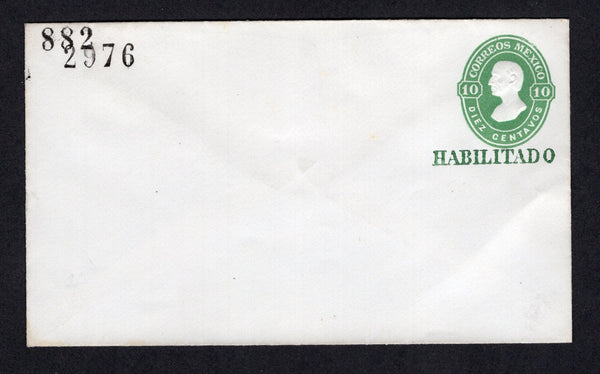 MEXICO - 1882 - POSTAL STATIONERY: 10c green 'Hidalgo' postal stationery envelope with 'HABILITADO' overprint in green (UPSS #E10, H&G B10c) with original '2976' number of MORELIA district and renumbered '882' for TUXPAN district. A fine unused example.  (MEX/40434)