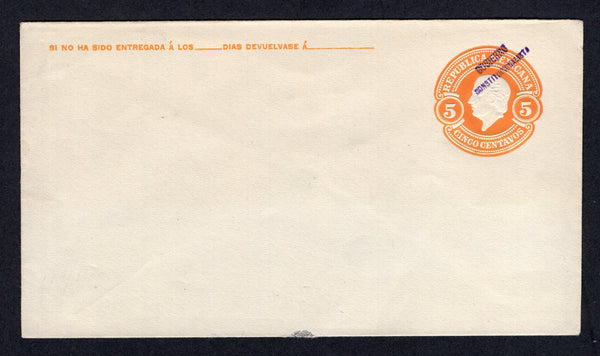 MEXICO - 1914 - CIVIL WAR & POSTAL STATIONERY: 5c orange postal stationery envelope with MONTERREY 'GOBIERNO CONSTITUTIONALISTA' overprint in purple (UPSS #E71aB-16, H&G IB35). A fine unused example.  (MEX/40436)