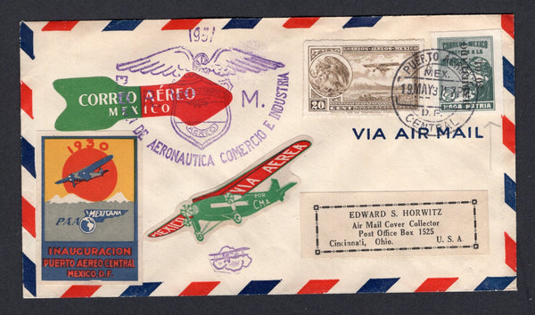 MEXICO - 1931 - AIRMAIL COMMEMORATION: Airmail cover franked with 1929 20c sepia AIR issue and 1930 1c on 2c grey green TAX issue (SG 479 & 494) tied by PUERTO AEREO CENTRAL cds dated 19 MAY 1931 with special 'Central Airport' commemorative cachet in purple on front and lovely illustrated 'PAA MEXICANA' commemorative label inscribed '1930 INAUGURACION PUERTO AEREO CENTRAL MEXICO D.F.' also tied by the cachet. Addressed to USA. (Muller #Unlisted, AAMC #E-6a)  (MEX/40455)