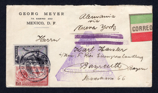 MEXICO - 1929 - AIRMAIL COMMEMORATION: Commercial cover franked with 1929 15c carmine AIR and 1929 20c violet black 'Airmail Week' issue (SG 470 & 482) tied by special SEMANA AEREA MEXICO DF cds dated 12 DIC 1929 with large triangular 'SEMANA AEREA' (Aviacion Week) cachet in purple on front with airmail label at right. Addressed to GERMANY. (Muller #47, AAMC #E-2b)  (MEX/40456)