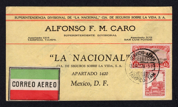 MEXICO - 1928 - AIRMAIL: Commercial airmail cover franked with 1924 10c rose carmine and 1927 25c sepia & lake AIR issue (SG 442 & 454) tied by SERVICIO AEREO TAMPICO cds dated 20 OCT 1928 with airmail label alongside. Addressed to MEXICO CITY with arrival cds dated the same day on reverse.  (MEX/40458)