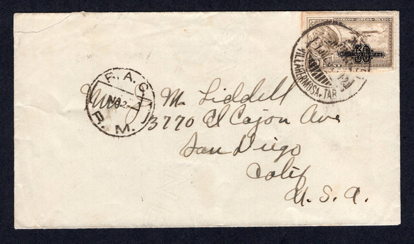 MEXICO - 1933 - AIRMAIL: Cover franked with single 1927 30c on 20c sepia AIR 'Surcharge' issue (SG 521) tied by SERVICIO AEREO VILLAHERMOSA cds dated 7 JUL 1933. Addressed to USA with fine strike of 'R.A.C. No. 2 R.M.' (Ruta Aerea Contratada - route no. 2 - Veracruz - Merida) airmail route marking on front and MEXICO CITY transit mark on reverse.  (MEX/40459)