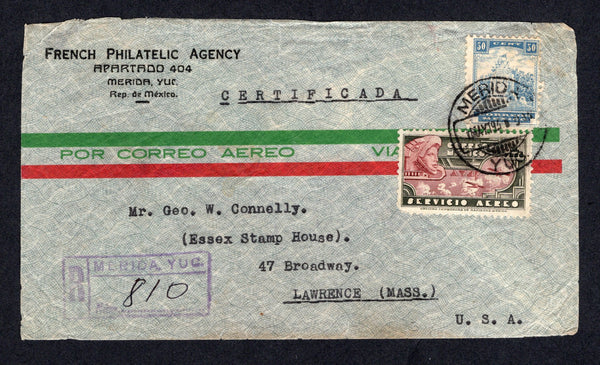 MEXICO - 1941 - FORGER: Registered cover with 'French Philatelic Agency, Apartado 404, Merida. Yuc. Rep. of Mexico' imprint at top left franked with 1934 1p red brown & grey green and 1940 30c blue (SG 579 & 653) tied by MERIDA cds dated 1 MAY 1941 with boxed registration marking alongside. Addressed to USA with red 'Starburst' registration seal on reverse tied by various transit & arrival marks. The French Philatelic Agency was one of the companies used by Raoul de Thuin to sell his forgeries and this cov