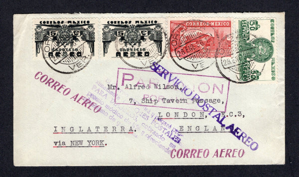 MEXICO - 1936 - AIRMAIL & INSTRUCTIONAL MARK: Cover franked with 1934 pair 5c black, 20c lake and 50c green AIR issue (SG 573, 576 & 578) tied by ORIZABA VER cds's dated 28 JAN 1936 with various airmail markings on front & reverse with four line publicity cachet reading 'El correo expedira y pagara proximamente CINQUES POSTALES PARA VIAJEROS, cobrando un promio modico de ¼% y ofreciendo el maximo de garantina' (promoting the release of new postal cards for tourists) on front. Addressed to UK with MEXICO CI