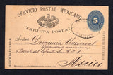 MEXICO - 1889 - POSTAL STATIONERY & CANCELLATION: 5c blue 'Numeral' postal stationery card (H&G 33, UPSS #PC31) used with oval FRANCO EN COATEPEC cancel in black dated 17 JULIO 1889. Addressed to MEXICO CITY with oval RECIBIDA XALAPA VER MEXICO marking in purple & MEXICO DF arrival cds on reverse.  (MEX/40653)