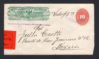 MEXICO - 1893 - POSTAL STATIONERY, EXPRESS COMPANIES & CINDERELLA: 10c orange + 15c green 'Wells Fargo Express Company' postal stationery envelope (UPSS #WF48, H&G B32) with manuscript 'Valor $5.00' on front used with oval EXPRESS WELLS FARGO Y CIA VERA-CRUZ MEX cancel in purple dated 22 MARZ 1893 with feint second strike alongside and lovely printed black on bright red 'EXPRESS Wells, Fargo y Cia. Vera Cruz, Mexo' seal applied over right hand edge to show that the money was sealed inside. Addressed to MEX