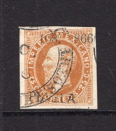 MEXICO - 1866 - MAXIMILLIAN ISSUE: 25c orange LITHO MAXIMILLIAN issue with '108 - 866' Invoice number and date and 'PUEBLA' district overprint, a fine cds used copy with four large margins. (SG 38a, Follansbee #49)  (MEX/40735)