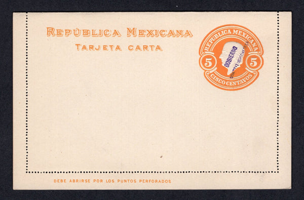 MEXICO - 1914 - CIVIL WAR & POSTAL STATIONERY: 5c orange postal stationery lettercard (UPSS #LC33II-6, H&G IA20) with MONTERREY 'GOBIERNO CONSTITUTIONALISTA' overprint in purple. A fine unused example.  (MEX/40771)