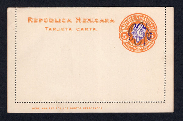 MEXICO - 1914 - CIVIL WAR & POSTAL STATIONERY: 5c orange postal stationery lettercard with SONORA 'GCM' monogram handstamp in purple (UPSS #LC33II-1A, H&G IA14). A fine unused example.  (MEX/40772)
