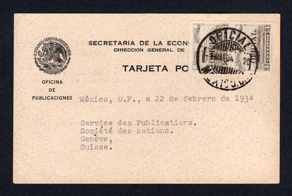 MEXICO - 1934 - OFFICIAL MAIL: Printed 'Secretaria de la Economia Nacional - Oficina de Publicaciones' OFFICIAL postcard franked with pair 1926 3c brown 'OFICIAL' overprint issue (SG O475) tied by OFICIAL MEXICO D.F. cds dated 1 MAR 1934. Addressed to the UNITED NATIONS in GENEVE, SWITZERLAND, the message being an acknowledgment for receipt of the latest UN publication.  (MEX/40773)