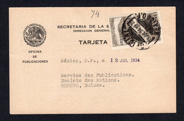MEXICO - 1934 - OFFICIAL MAIL: Printed 'Secretaria de la Economia Nacional - Oficina de Publicaciones' OFFICIAL postcard franked with pair 1933 3c brown 'SERVICIO OFICIAL' overprint issue (SG O542) tied by OFICIAL MEXICO D.F. cds dated 19 JUL 1934. Addressed to the UNITED NATIONS in GENEVE, SWITZERLAND, the message being an acknowledgment for receipt of the latest UN publication 'Differend entre la Bolivie et le Paraguay' dealing with the Chaco War between Bolivia & Paraguay.  (MEX/40787)