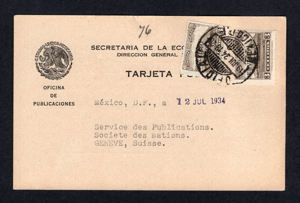 MEXICO - 1934 - OFFICIAL MAIL: Printed 'Secretaria de la Economia Nacional - Oficina de Publicaciones' OFFICIAL postcard franked with 2 x 1933 3c brown 'SERVICIO OFICIAL' overprint issue (SG O542) tied by OFICIAL MEXICO D.F. cds dated 19 JUL 1934. Addressed to the UNITED NATIONS in GENEVE, SWITZERLAND, the message being an acknowledgment for receipt of the latest UN publication 'Differend entre la Bolivie et le Paraguay - Rapport de la commission du Chaco' dealing with the Chaco War between Bolivia & Parag