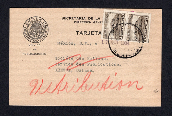 MEXICO - 1934 - OFFICIAL MAIL: Printed 'Secretaria de la Economia Nacional - Oficina de Publicaciones' OFFICIAL postcard franked with pair 1933 3c brown 'SERVICIO OFICIAL' overprint issue (SG O542) tied by OFICIAL MEXICO D.F. cds dated 23 OCT 1934. Addressed to the UNITED NATIONS in GENEVE, SWITZERLAND, the message being an acknowledgment for receipt of the latest UN publication.  (MEX/40791)