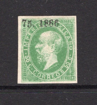 MEXICO - 1866 - MAXIMILLIAN ISSUE: 50c green LITHO MAXIMILLIAN issue with '75 - 1866' Invoice number and date only issued to GUADALAJARA district, a fine mint copy with four large margins. (SG 39c, Follansbee #51)  (MEX/40802)