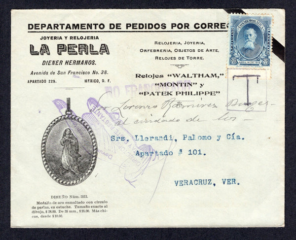 MEXICO - 1916 - ILLEGAL FRANKING & POSTAGE DUE: Circa 1916. Undated illustrated 'Jewellery  & Watch Seller' cover franked with single 1916 10c blue 'Carranza's Triumphal Entry into Mexico City' issue (SG 359) apparently not accepted for payment of postage with hand drawn boxed 'T' in pencil and straight line 'NO FRANQUEADO' marking in purple with 'Devuelta al remitente' HAND cachet alongside pointing to indicate return to sender. Addressed to VERACRUZ. Very unusual.  (MEX/41116)