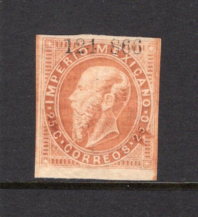 MEXICO - 1866 - MAXIMILLIAN ISSUE: 25c brown orange ENGRAVED MAXIMILLIAN issue with '124 - 866' Invoice number and date only, issued to 'ORIZAVA' district, a fine mint four margin copy. (SG 42a, Follansbee #54B)  (MEX/41202)