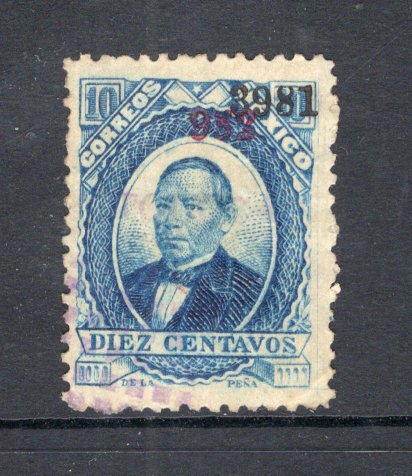 MEXICO - 1879 - JUAREZ ISSUE: 10c blue 'Juarez' HABILITADO (Re-numbered) issue on thick wove paper with '3981' invoice number in black of 'CHIHUAHUA' district and re-numbered '982' in red for use in TOLUCA with light 'TOLUCA' district overprint in lilac. A fine lightly used copy. (SG 118b, Follansbee #123Hx)  (MEX/41218)