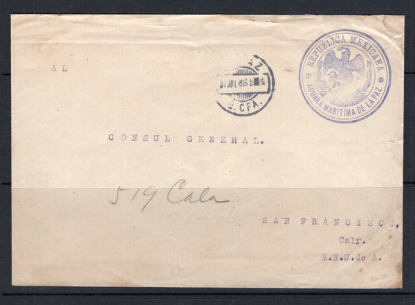 MEXICO - 1913 - OFFICIAL MAIL & BAJA CALIFORNIA: Stampless official cover with circular 'ADUANA DE LA PAZ' Eagle imprint on flap and large circular 'REPUBLICA MEXICANA ADUANA MARITIMA DE LA PAZ' Eagle official cachet in violet on front used with partial LA PAZ B. CFA cds on front dated 7 JUL 1913. Addressed to USA.  (MEX/41220)