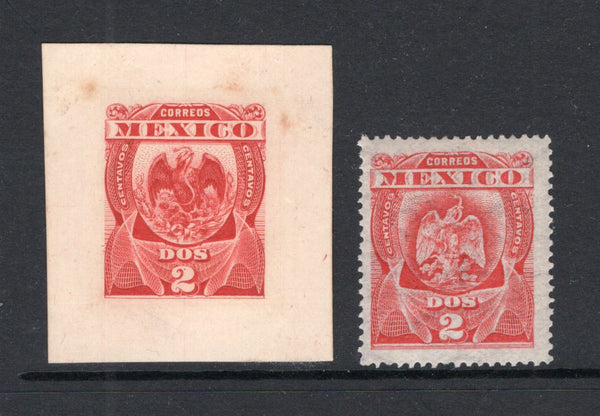 MEXICO - 1899 - ESSAY: 2c bright carmine 'Arms' issue, a superb IMPERF ESSAY on thin card by 'Bradbury Wilkinson' with a design that is different from the issued stamp, particularly the central Eagle. The essay has a couple of tiny tone spots but a rare item. With the issued stamp for comparison. Ingham illustrates three similar hand painted essays which are different from this one. (As SG 267, See Ingham #43/46)  (MEX/41343)