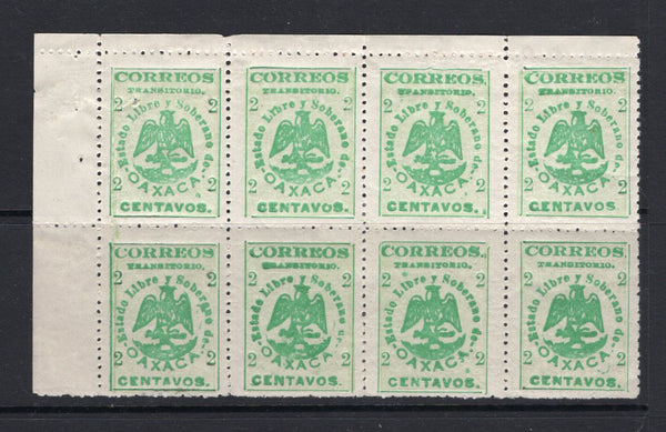 MEXICO - 1914 - CIVIL WAR - OAXACA ISSUE: 2c green 'Oaxaca' PROVISIONAL issue a fine mint corner marginal block of eight. (SG X2)  (MEX/41371)