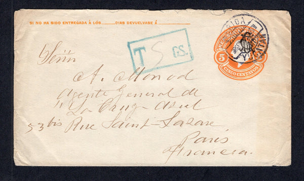 MEXICO - 1914 - CIVIL WAR & POSTAL STATIONERY: 5c orange postal stationery envelope with 'VILLA - ZAPATA' monogram overprint in black (UPSS #E71aB-3, H&G IB10) used with MERIDA YUCATAN cds dated 26 SEP 1915. Addressed to FRANCE, correctly taxed with boxed 'T 5 CS' in blue as the Civil War overprinted envelopes were not valid for use outside of Mexico. PROGRESO transit cds on reverse. Very scarce.  (MEX/41431)