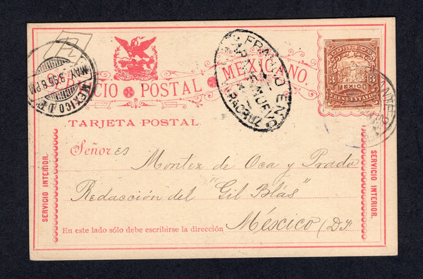 MEXICO - 1896 - CANCELLATION & TRAVELLING POST OFFICE: 3c brown 'Mulitas' postal stationery card with red lettering (UPSS #PC79, H&G 83e) datelined 'Paraje Nuevo Mayo 3 de / 96' and also endorsed 'Direccion P. Nuevo. Estacion del Ferrocarril Mexicana' on reverse used with fair strike of undated oval FRANCO EN PARAJE NUEVO E DE VERACRUZ marking in black and light but identifiable strike of AMBULANTE No. 2 cds. Addressed to MEXICO CITY with arrival cds on front.  (MEX/41432)