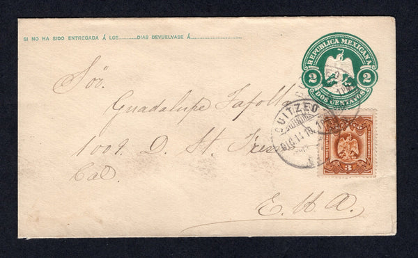 MEXICO - 1910 - POSTAL STATIONERY & CANCELLATION: 2c green postal stationery envelope (UPSS #E64, H&G B54) used with added 1899 3c yellow brown 'Arms' issue (SG 268) tied by CUITZEO cds's dated DIC 14 1910. Addressed to USA.  (MEX/41436)