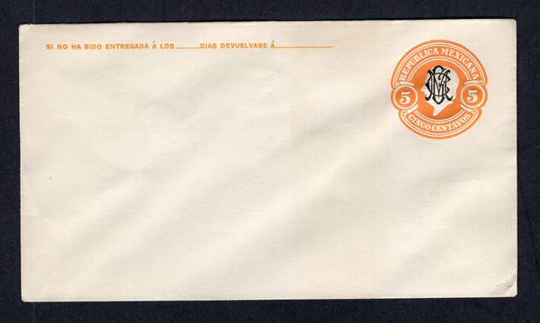 MEXICO - 1914 - CIVIL WAR & POSTAL STATIONERY: 5c orange postal stationery envelope with 'VILLA - ZAPATA' monogram overprint in black (UPSS #E71aB-3, H&G IB10). A fine unused example.  (MEX/41439)