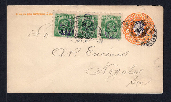 MEXICO - 1915 - CIVIL WAR & POSTAL STATIONERY: 5c orange postal stationery envelope with large SONORA 'ES' handstamp in violet (UPSS #E71bB-25, H&G IB26) used with added strip of three 1914 2c green also with large SONORA 'ES' handstamp in violet (SG S41) tied by multiple strikes of NOGALES cds dated MAR 1915. Addressed locally within NOGALES. A fine & very scarce franking.  (MEX/41442)