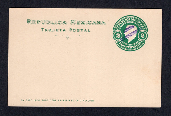MEXICO - 1914 - CIVIL WAR & POSTAL STATIONERY: 2c green postal stationery card with SINALOA 'GOBIERNO CONSTITUTIONALISTA' overprint in purple (UPSS #PC119-24, H&G I37). A fine unused example.  (MEX/41443)