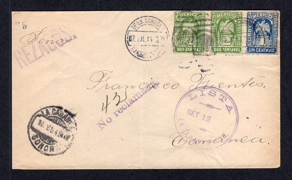 MEXICO - 1914 - CIVIL WAR & CANCELLATION: Cover franked with 1914 1c blue and pair 2c yellow green 'Transitorio' issue (SG CT1/CT2) tied by BANAMICHI, SON cds's dated 7 JUL 1914. Addressed to CANANEA, unclaimed with various markings including straight line 'NO RECLAMADA', 'REZAGOS' and 'LISTA' cds's along with other arrival marks on front & reverse.  (MEX/41448)