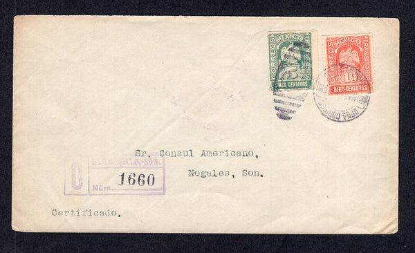 MEXICO - 1914 - CIVIL WAR & REGISTRATION: Registered cover franked with 1914 5c grey green and 10c vermilion 'Transitorio' issue (SG CT4/CT5) tied by HERMOSILLO cds dated 9 MAR 1914 with boxed 'HERMOSILLO-SON' registration marking in purple alongside. Addressed to NOGALES with oval CERTIFICADOS HERMOSILLO marking in purple on reverse.  (MEX/41449)