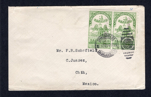 MEXICO - 1914 - CIVIL WAR & RATE: Cover franked with pair 1913 1c green 'Transitorio' REVENUE issue with coupons (SG S26B) both stamps with 'CIUDAD JUAREZ' district overprints in purple reading down tied by fine strike of CIUDAD JUAREZ cds dated 7 AGO 1914. Addressed locally within CIUDAD JUAREZ. A very fine & scarce cover. A nice 2c local rate cover.  (MEX/41453)
