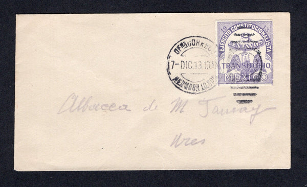 MEXICO - 1913 - CIVIL WAR & RATE: Small unsealed cover franked with single 1913 2c lilac 'Transitorio' REVENUE issue without coupon (SG S27A) tied by HERMOSILLO cds dated 7 DIC 1913. Addressed to URES. A nice 2c internal unsealed rate.  (MEX/41454)