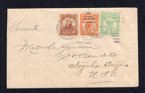MEXICO - 1914 - CIVIL WAR: Cover franked with 1914 2c emerald green and 3c orange 'Denver' issue and 1914 5c orange with 'GOBIERNO CONSITUTIONALISTA' overprint of MONTERREY (SG CT40/CT41 & 12) tied by oval MONTERREY cds's dated 3 SET 1914l. Addressed to USA.  (MEX/41456)