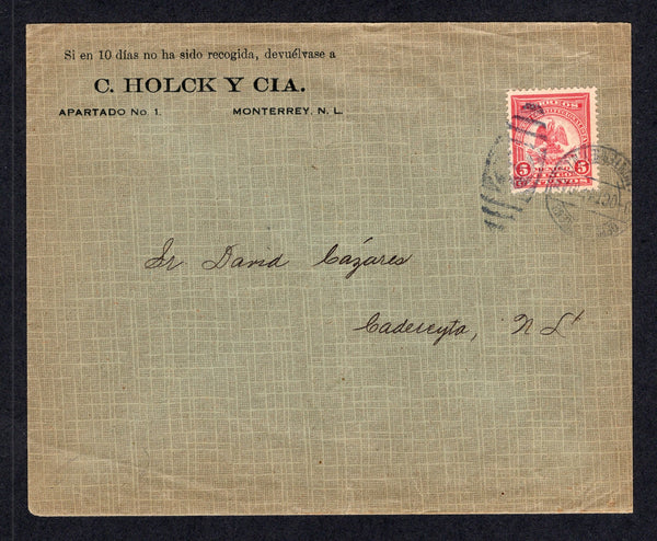 MEXICO - 1914 - CIVIL WAR: Cover franked with single 1914 5c dull carmine 'Denver' issue (SG CT42) tied by MONTERREY cds dated 9 OCT 1914. Addressed to CADEREYTA with partial arrival mark on reverse.  (MEX/41458)