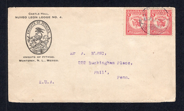 MEXICO - 1914 - CIVIL WAR: Printed 'Castle Hall, Nuevo Leon Lodge No. 4 KNIGHTS OF PYTHIAS, Monterrey, N.L. Mexico' cover franked with pair 1914 5c dull carmine 'Denver' issue (SG CT42) tied by MONTERREY cds dated 12 FEB 1915. Addressed to USA.  (MEX/41459)
