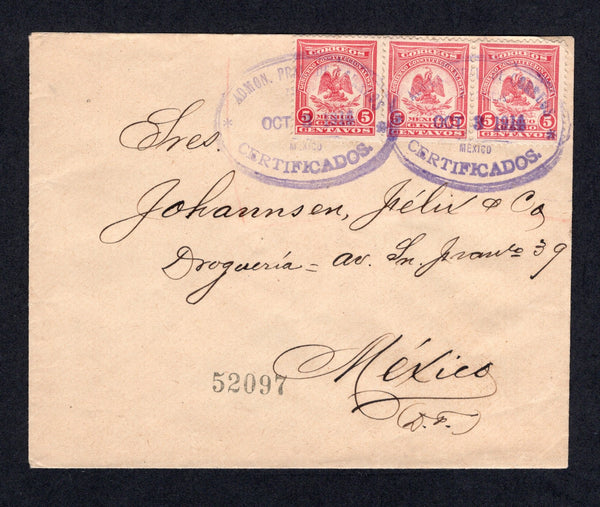 MEXICO - 1914 - CIVIL WAR & REGISTRATION: Cover franked with strip of three 1914 5c dull carmine 'Denver' issue (SG CT42) tied two fine strikes of large oval ADMON PRAL DE CORREOS ZACATECAS MEXICO CERTIFICADOS cancel dated OCT 3 1914 with '52097' registration number handstamp on front and blue 'Sunburst' registration seal on reverse tied by a third strike of the cancel. Addressed to MEXICO CITY with oval CERTIFICADOS MEXICO D.F. arrival mark on reverse. Very fine.  (MEX/41460)
